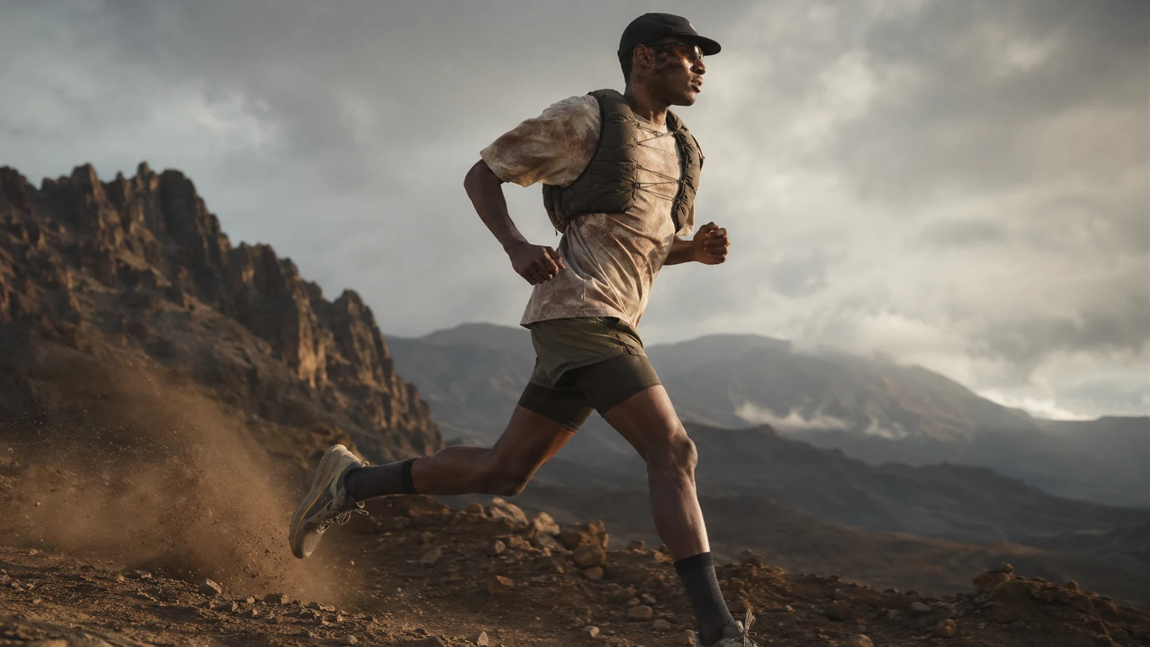 Trail runner moving through a rugged mountain landscape