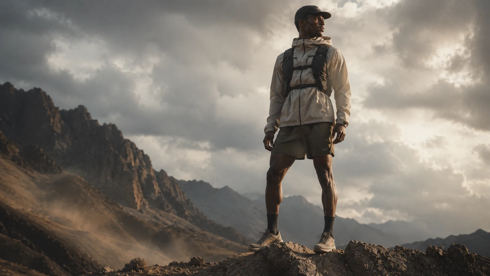 Athlete standing on a mountain ridge in technical running clothing